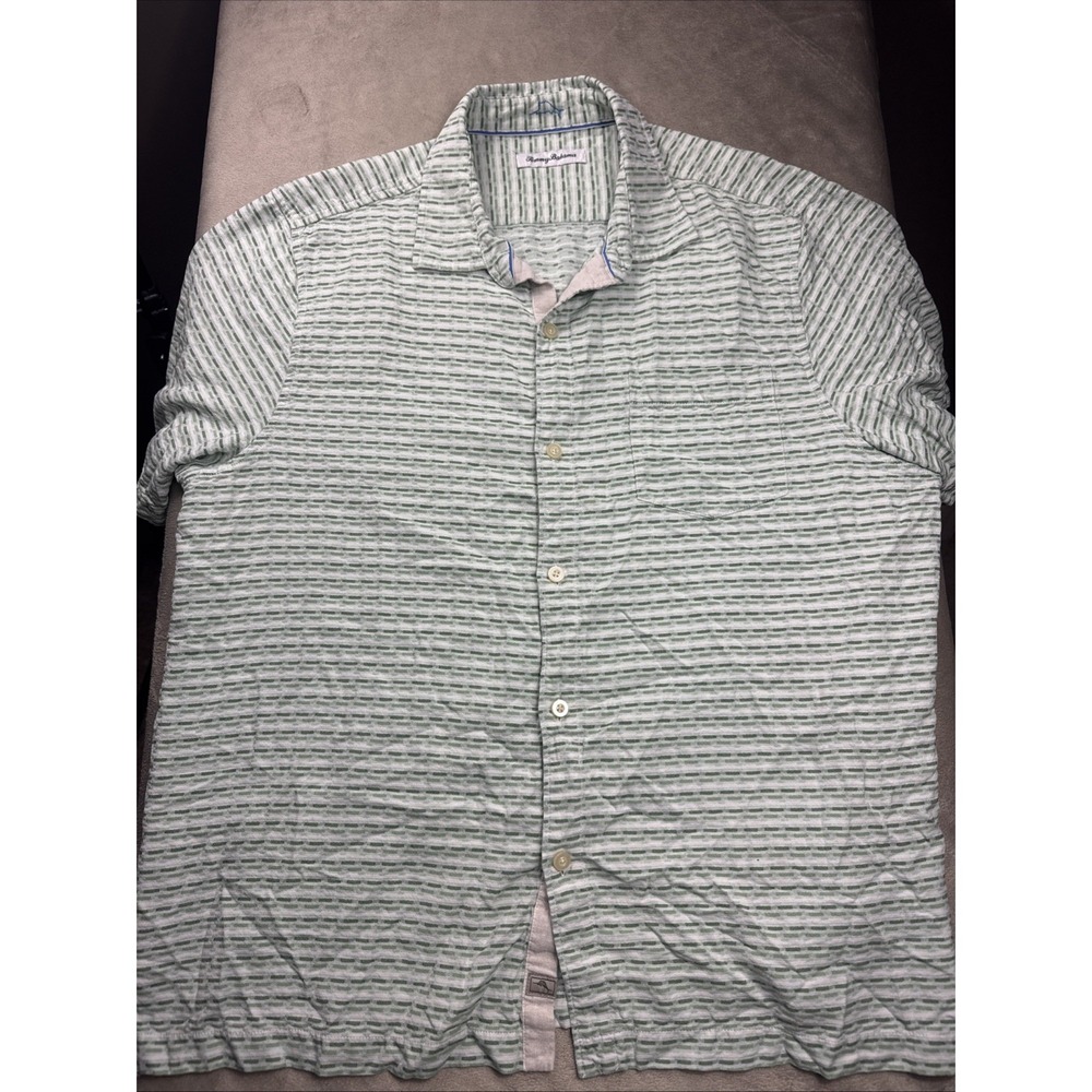 Tommy Bahama Mens XL Green 100% Silk Stripe Short Sleeve Hawaiian Camp Shirt